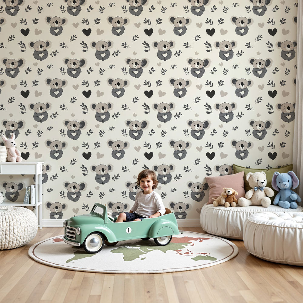 Koala mural wallpaper with hearts and leaves in modern nursery room by Kids-Mundo