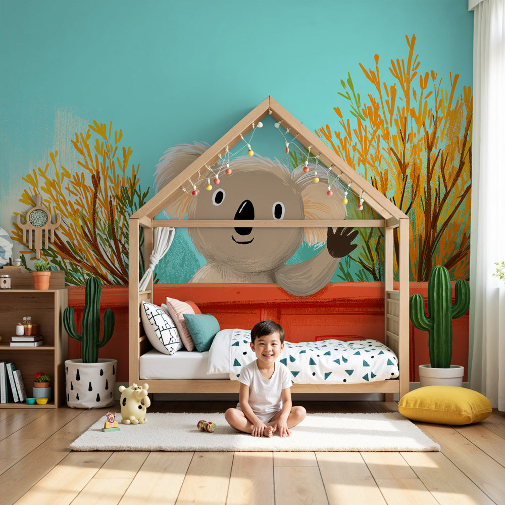 Koala mural wallpaper in modern nursery setting with natural wood furniture by Kids-Mundo