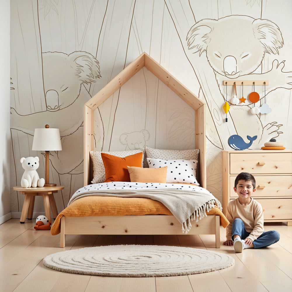 Koala mural wallpaper in peaceful nursery with natural wood furniture by Kids-Mundo