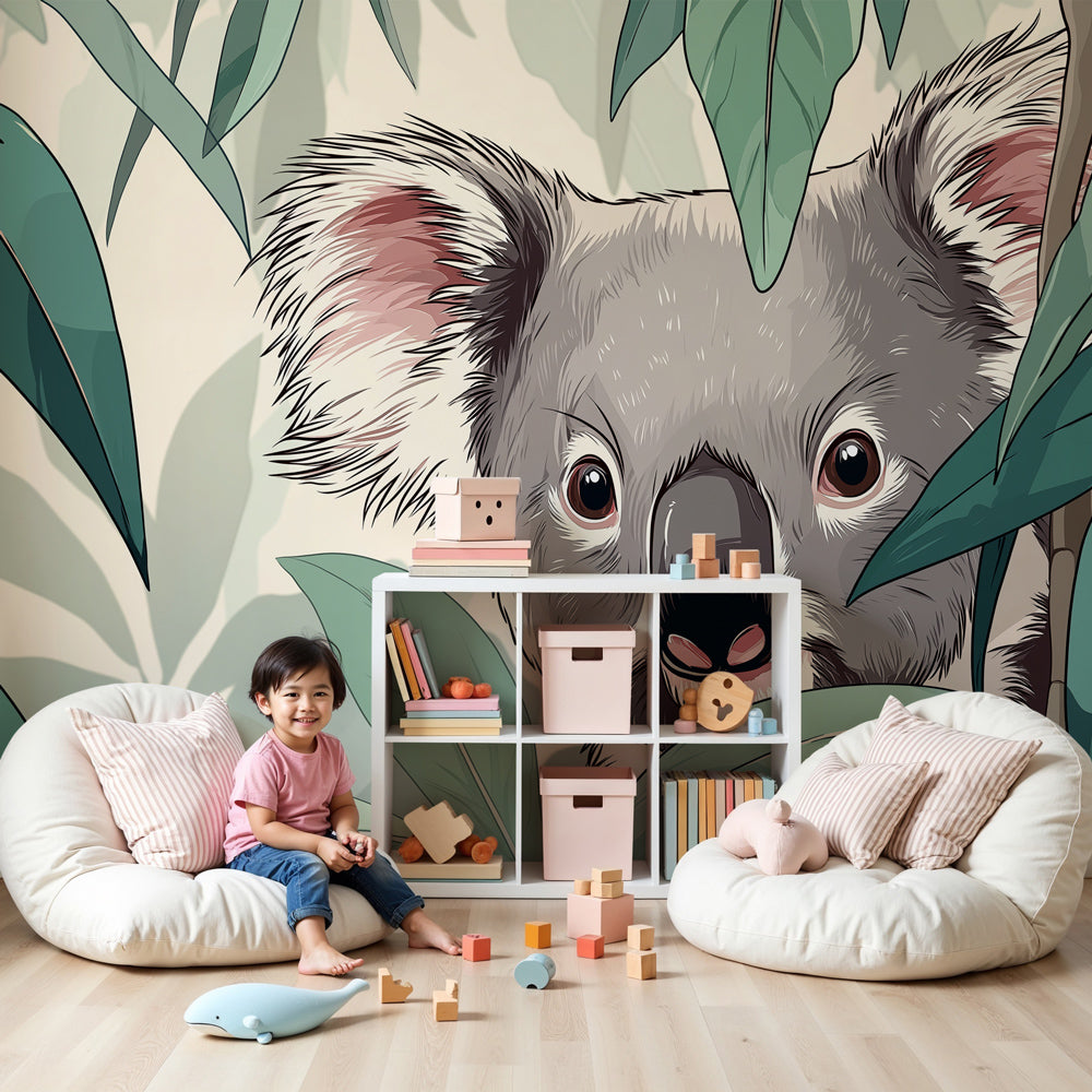 Koala mural wallpaper creating peaceful nursery decor with natural foliage design by Kids-Mundo