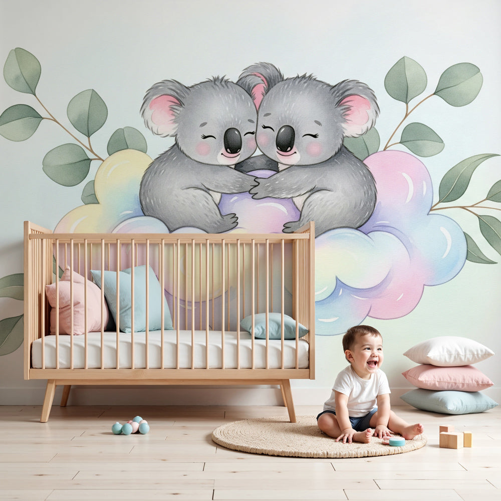 Koala mural wallpaper creating peaceful nursery atmosphere with soft pastel clouds by Kids-Mundo