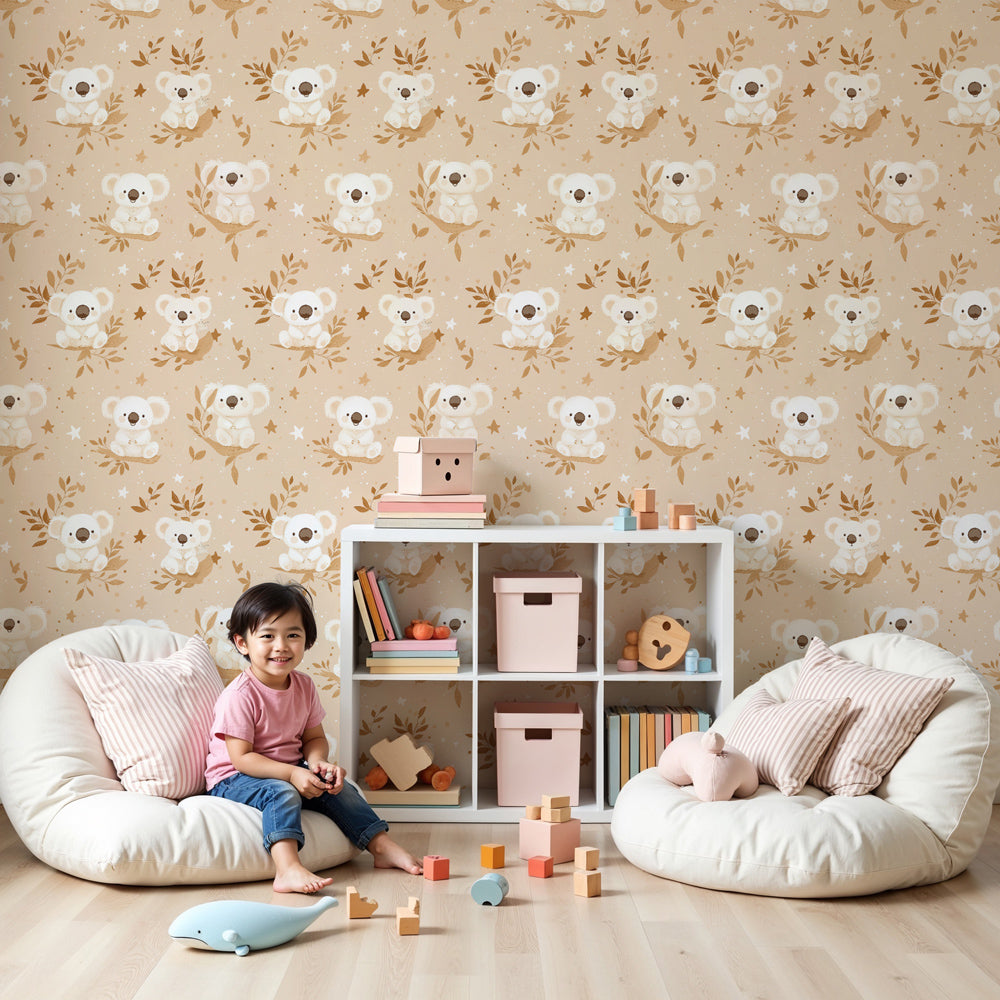 Koala mural wallpaper creating peaceful nursery decor with soft beige nature theme by Kids-Mundo