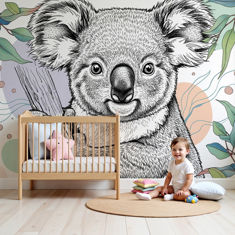 Koala mural wallpaper in modern nursery with natural wood furniture by Kids-Mundo
