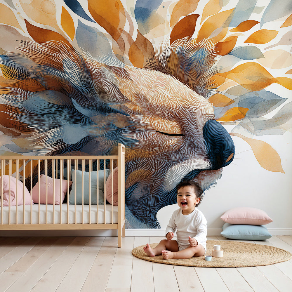 Koala mural wallpaper with colorful leaves decorating modern nursery room by Kids-Mundo