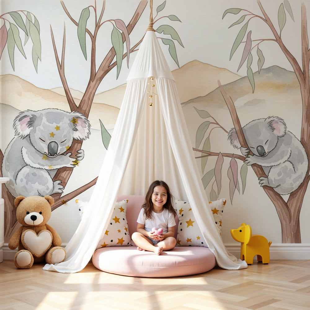 Koala mural wallpaper in peaceful nursery with natural wood crib by Kids-Mundo