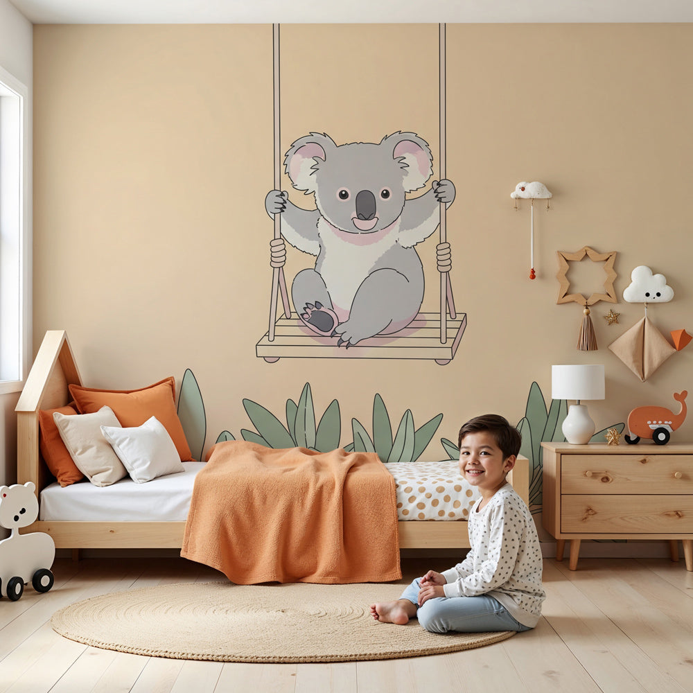 Koala mural wallpaper in modern baby nursery with crib and soft lighting by Kids-Mundo
