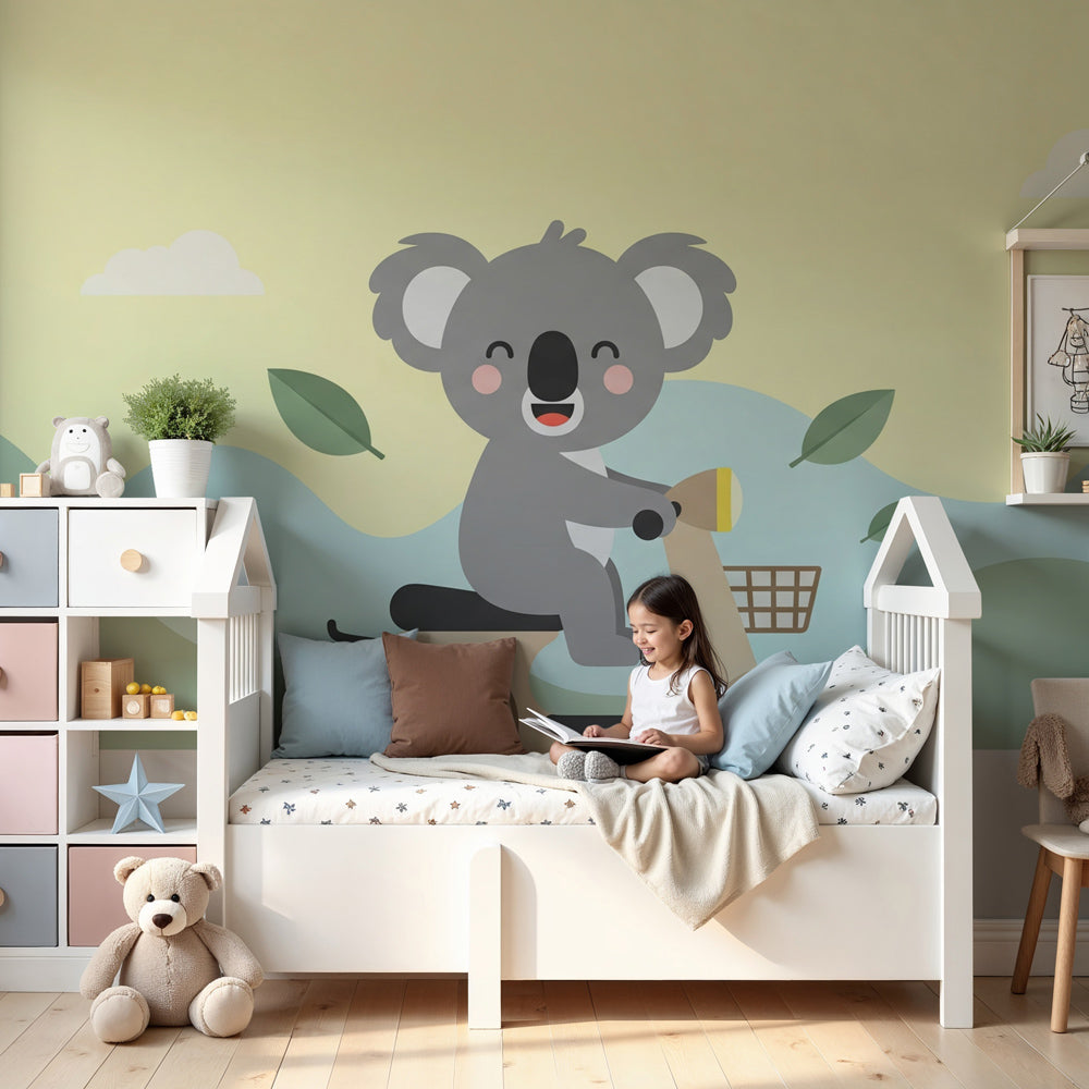 Koala scooter mural wallpaper in modern nursery creating playful adventure decor by Kids-Mundo