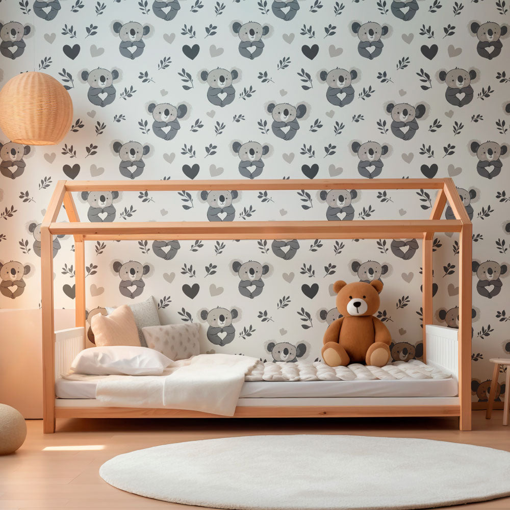 Adorable koala wallpaper creating peaceful atmosphere in children's bedroom decor