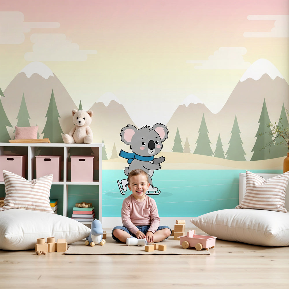 Koala skating mural wallpaper in modern nursery with wooden crib by Kids-Mundo