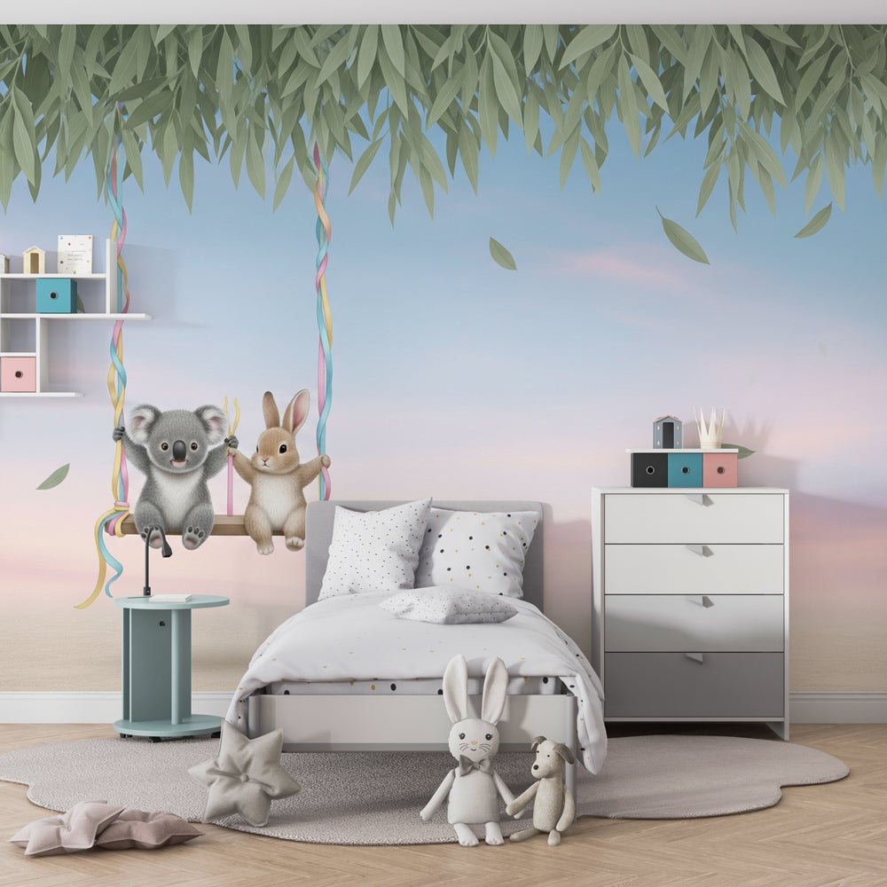 Baby animal mural wallpaper featuring koala and rabbit creating peaceful nursery atmosphere