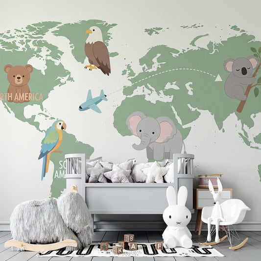 Kids-Mundo world map mural with bear and eagle on a sage green kids bedroom wall