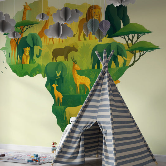 Kids-Mundo African wildlife map wall mural on a feature wall in a kids bedroom