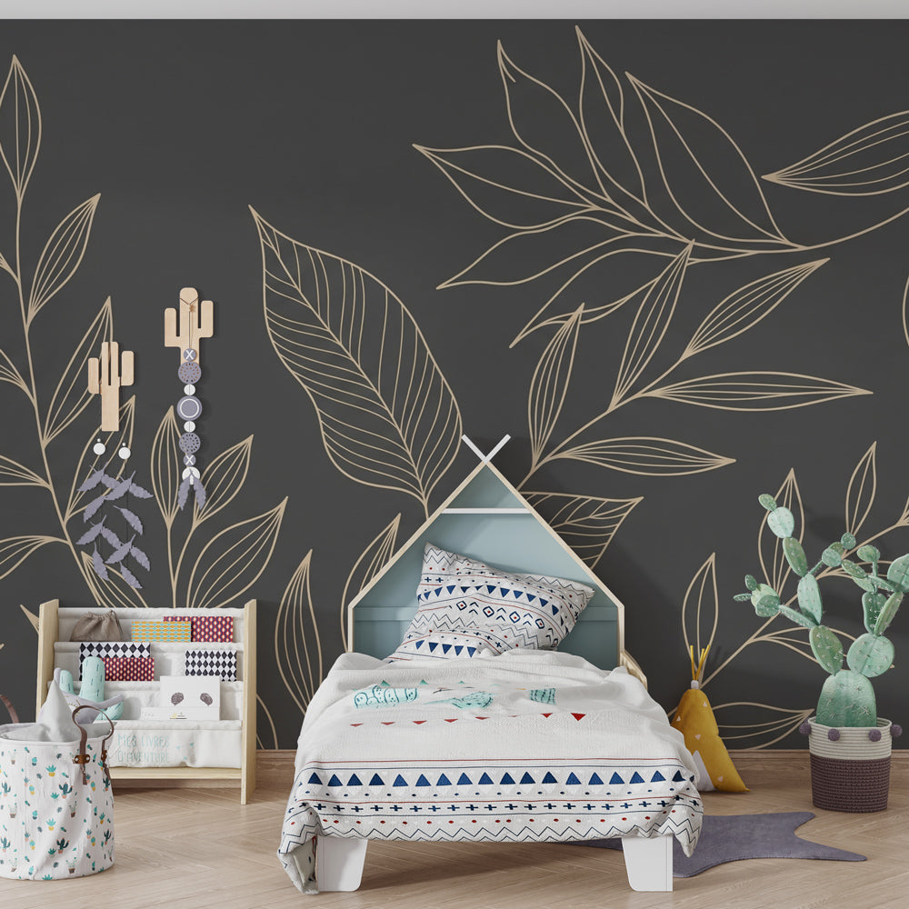 Dark background leaf wallpaper creating sophisticated atmosphere in children's bedroom