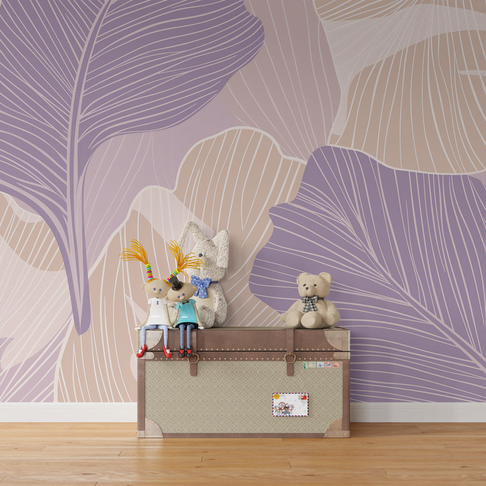 Botanical leaves wallpaper transforming children's bedroom with soft pastel nature design