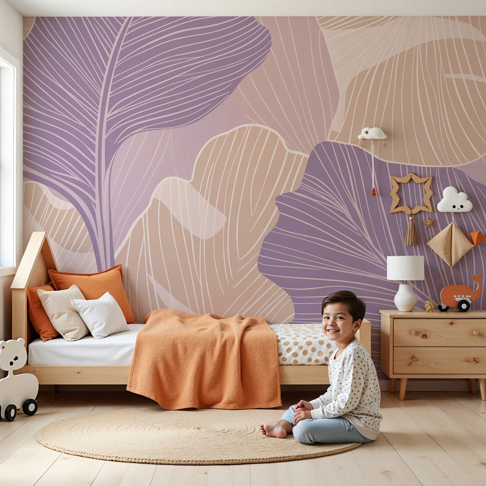 Delicate leaves mural wallpaper in violet and beige creating serene nursery atmosphere by Kids-Mundo