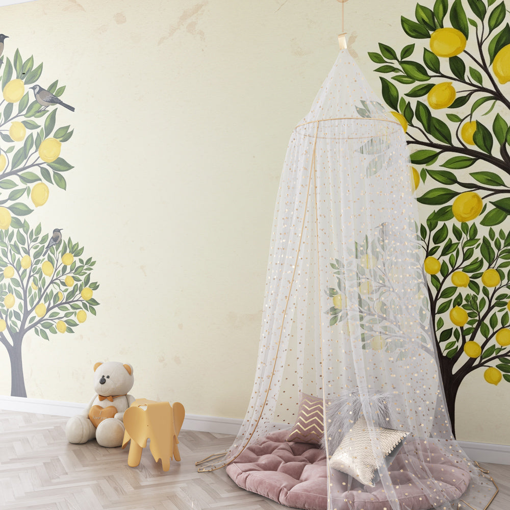 Botanical lemon tree wallpaper creating serene garden atmosphere in children's bedroom