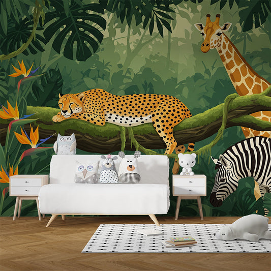 Kids-Mundo jungle animal mural wallpaper with leopard and zebra decorating a kids bedroom wall