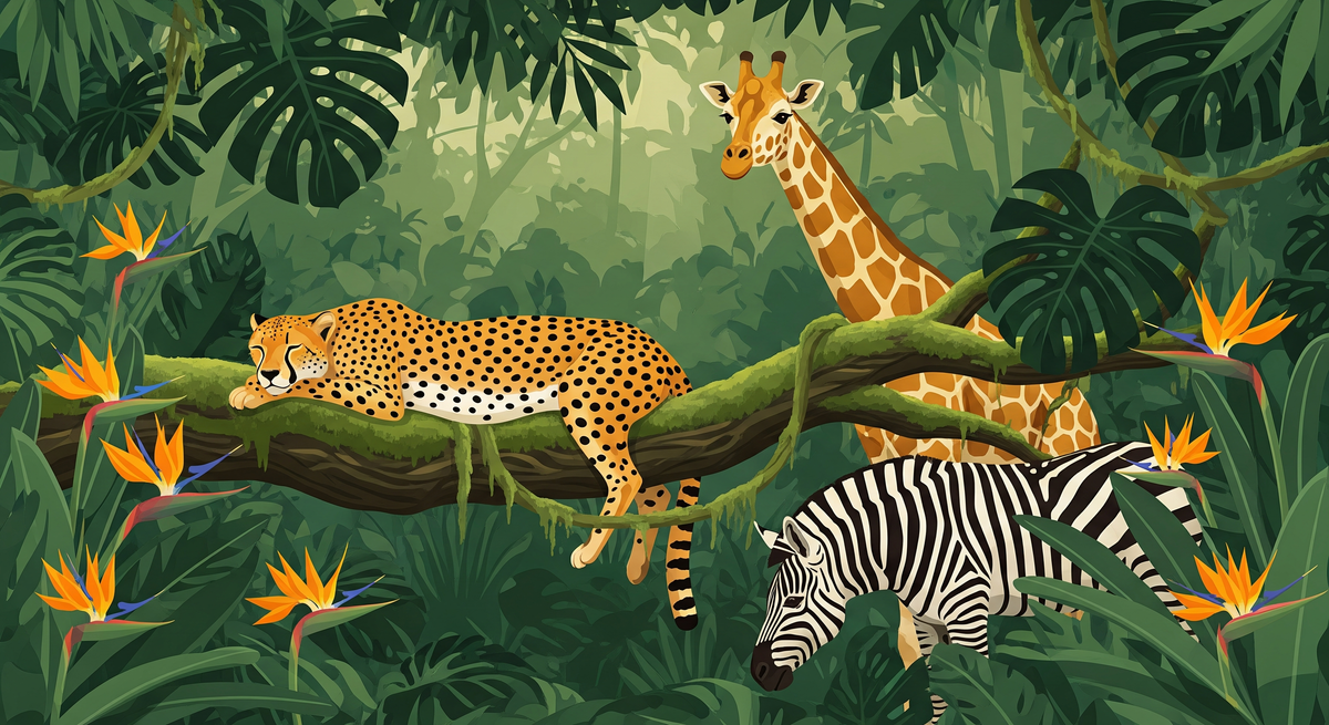 Leopard Giraffe and Zebra Jungle Wall Mural