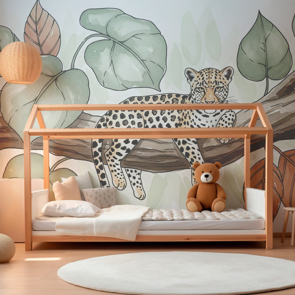 Safari leopard mural wallpaper transforming kids bedroom with peaceful jungle atmosphere and green foliage