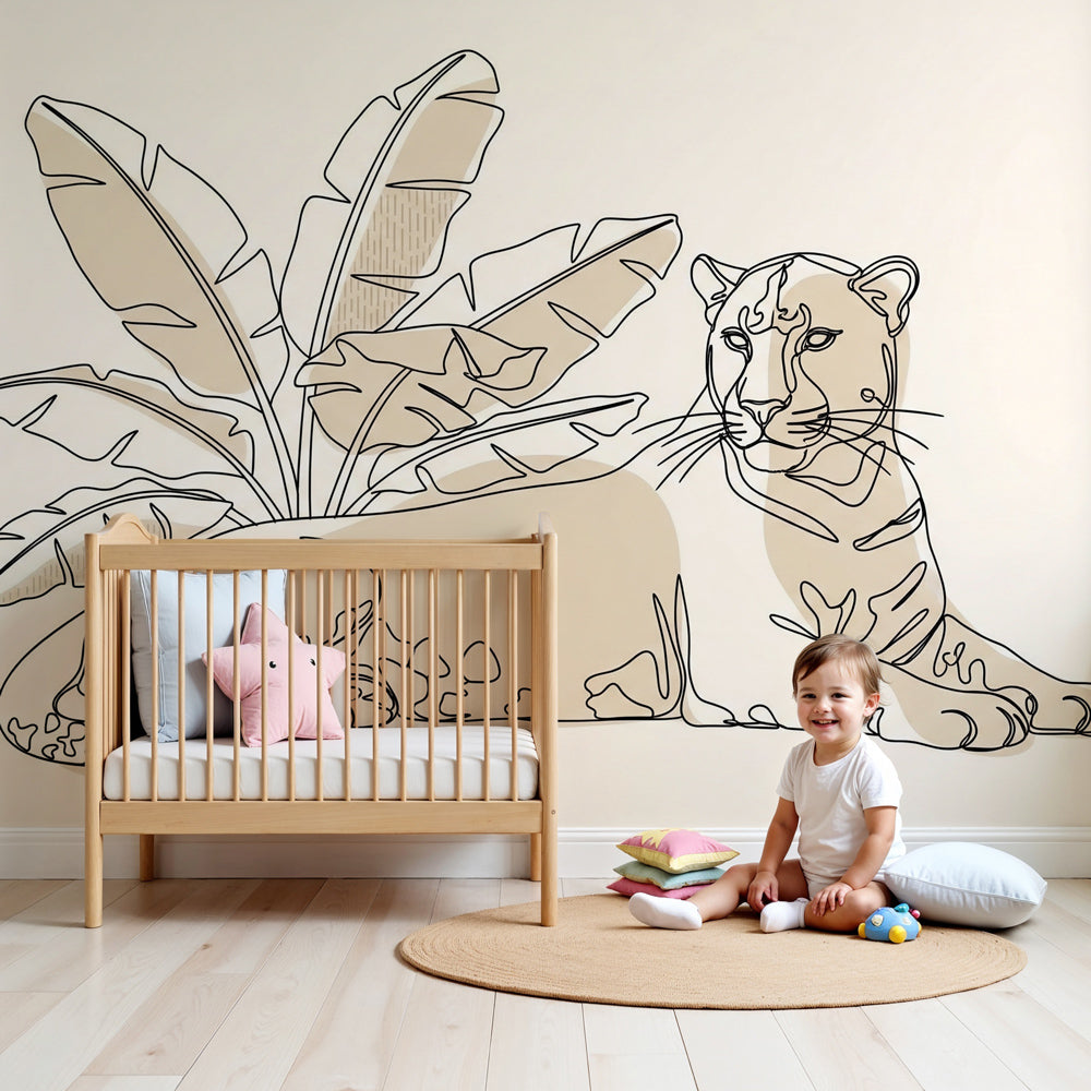 Elegant leopard jungle mural wallpaper creating peaceful safari nursery decor by Kids-Mundo