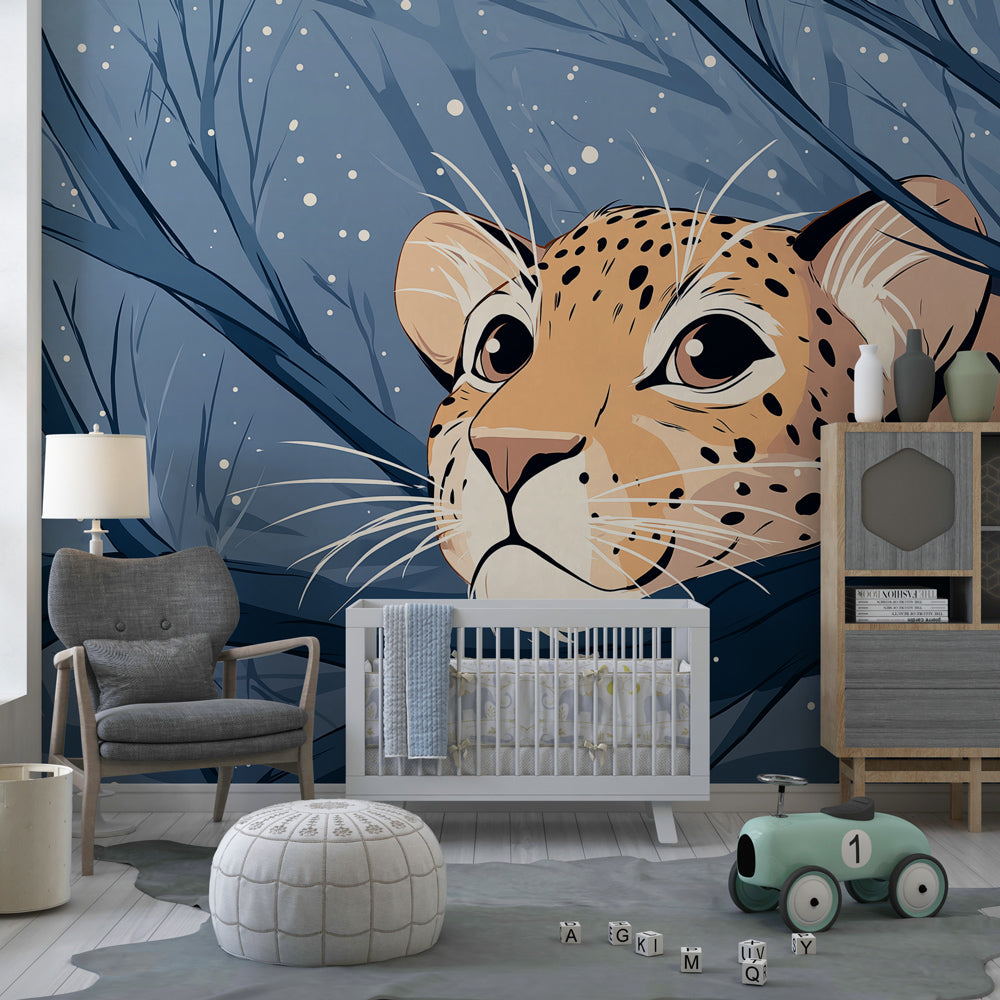 Winter leopard wallpaper creating peaceful wildlife atmosphere in modern children's bedroom decor