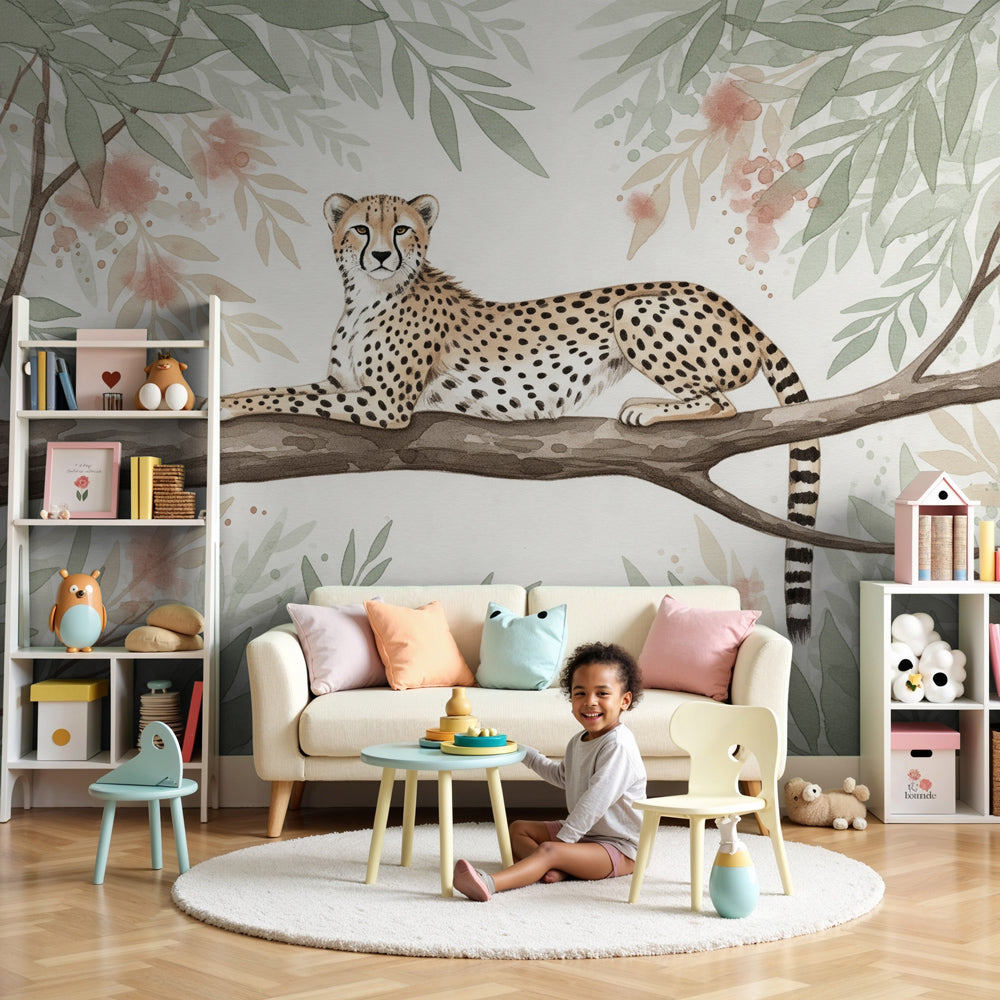 Leopard mural wallpaper creating serene jungle atmosphere in modern nursery by Kids-Mundo