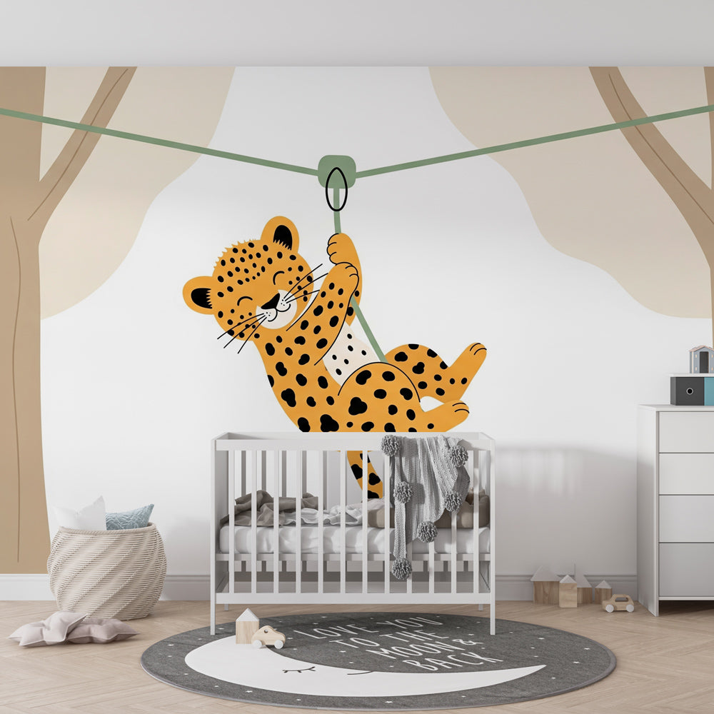 Cheerful leopard jungle wallpaper transforming children's bedroom into adventure space