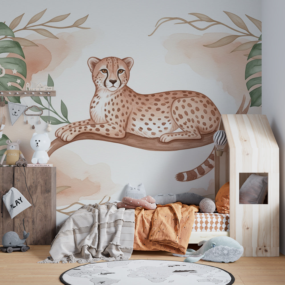Tropical leopard wallpaper creating serene safari atmosphere in children's bedroom
