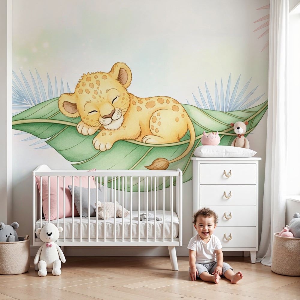 Sleeping leopard mural wallpaper creating serene nursery decor with natural wood furniture by Kids-Mundo