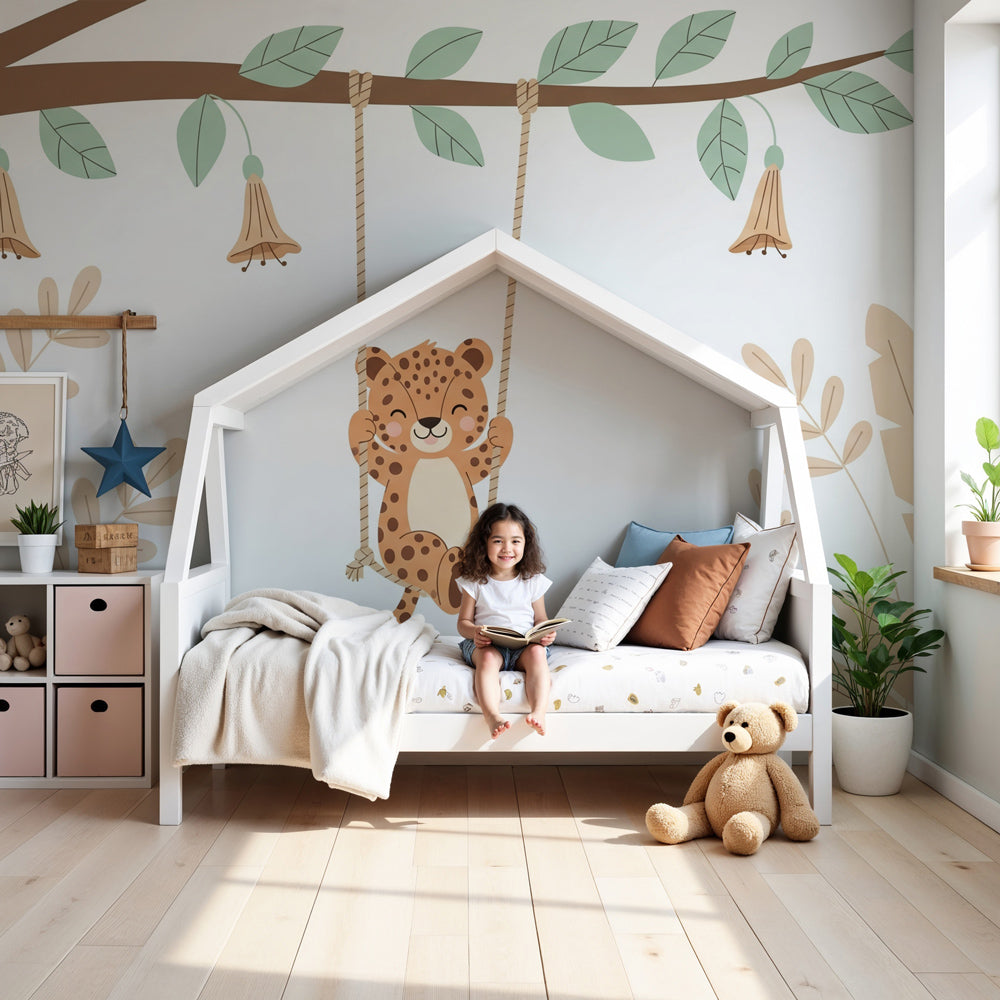 Leopard swing mural wallpaper creating peaceful jungle nursery decor by Kids-Mundo