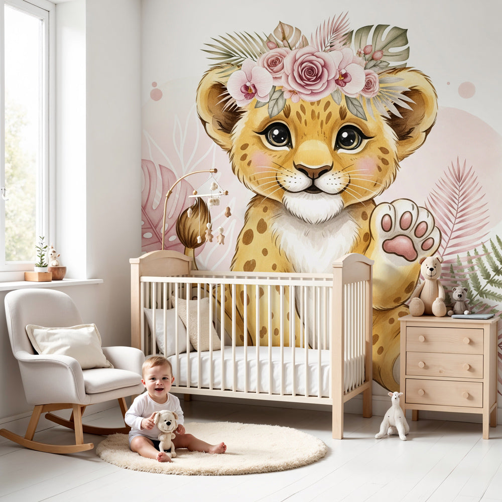 Baby leopard mural wallpaper with floral crown in modern nursery by Kids-Mundo