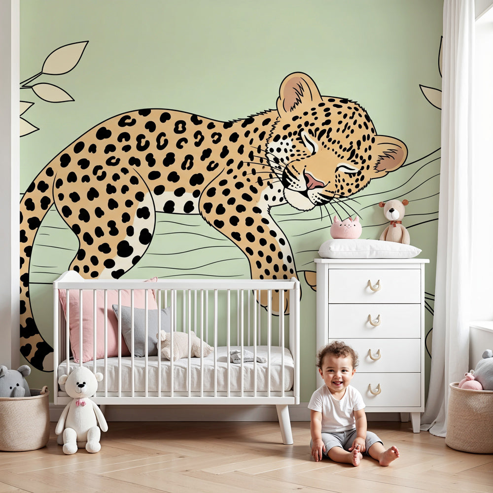 Sleeping leopard mural wallpaper creating peaceful nursery decor with natural wood furniture by Kids-Mundo