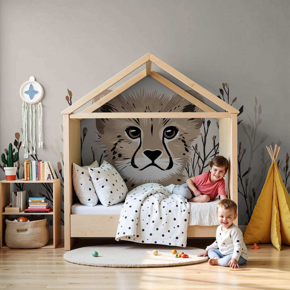 Cute leopard mural wallpaper decorating modern nursery with natural safari theme by Kids-Mundo