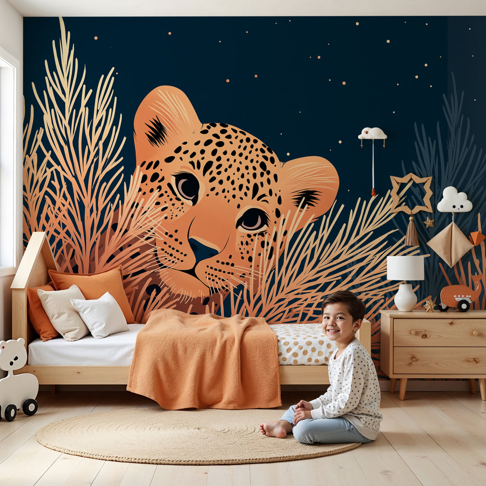 Leopard mural wallpaper in modern nursery with starry night safari theme by Kids-Mundo