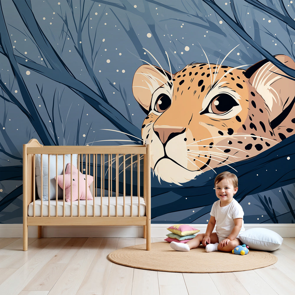 Curious leopard mural wallpaper in cozy winter-themed nursery with natural wood furniture by Kids-Mundo