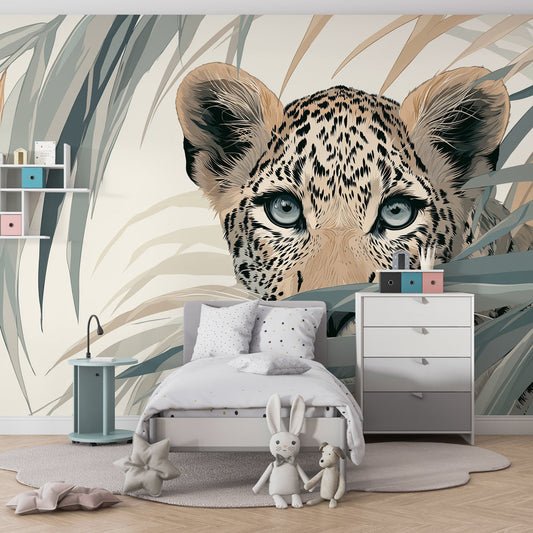 Kids-Mundo leopard peeking wall mural covering a kids' bedroom feature wall