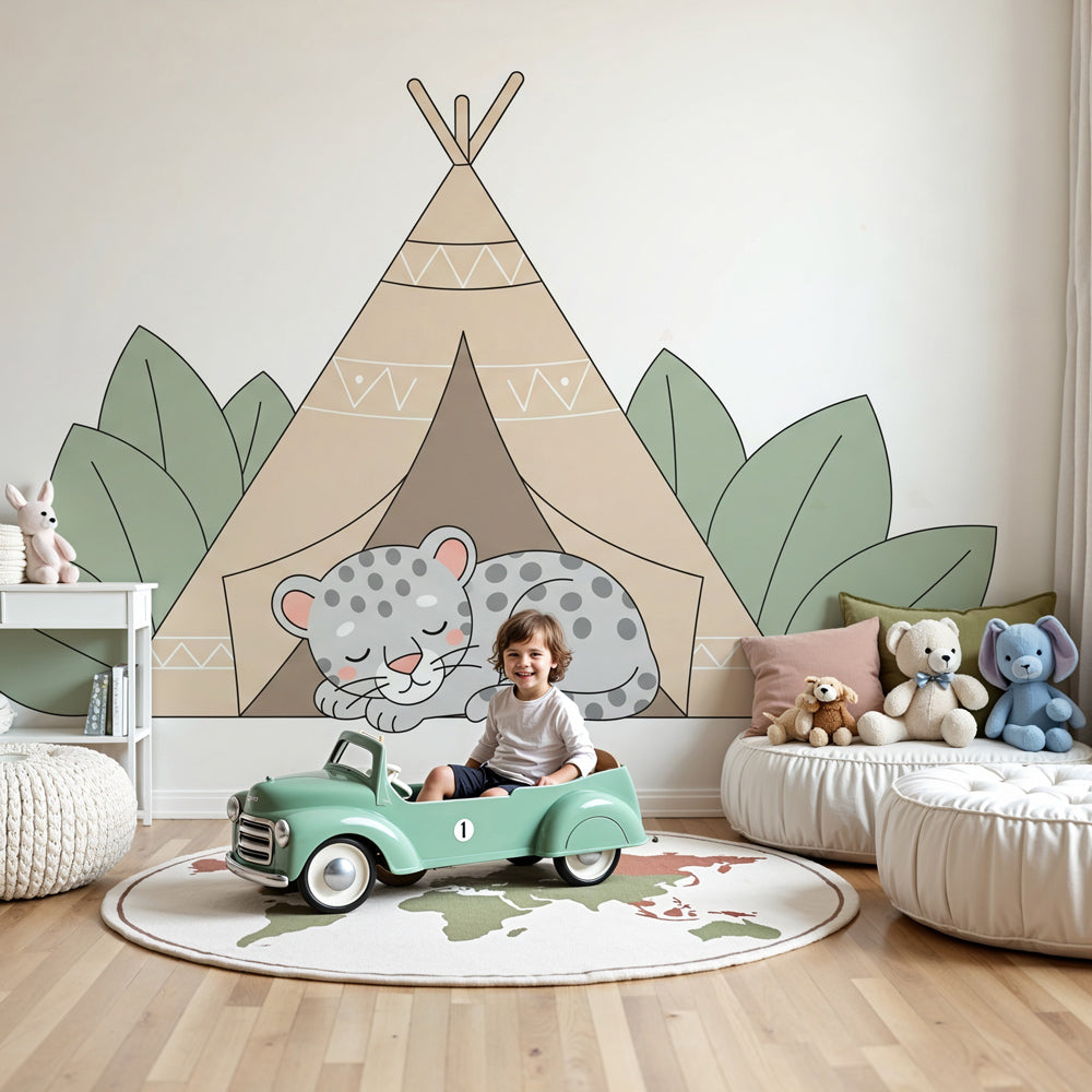 Leopard tipi mural wallpaper creating cozy safari nursery decor with natural wood furniture by Kids-Mundo