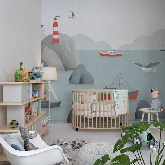 Kids-Mundo lighthouse, boats and seagulls mural covering a feature wall in a bedroom