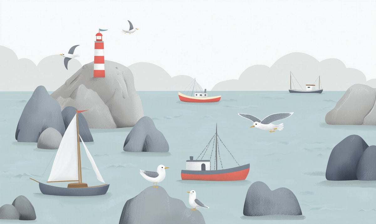 Lighthouse and Sailing Boats Wall Mural