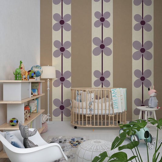 Kids-Mundo lilac floral stripe wall mural behind a bed in an elegant kids bedroom setting