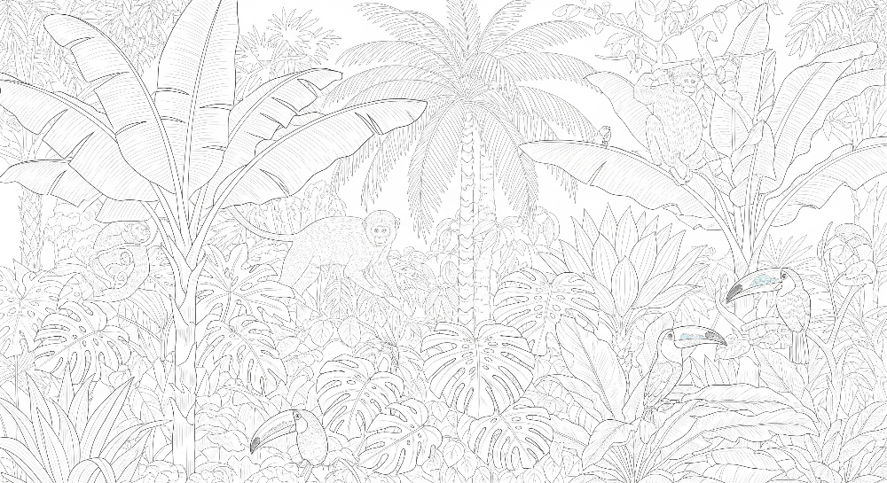 Line Art Jungle Monkeys & Toucans Wall Mural