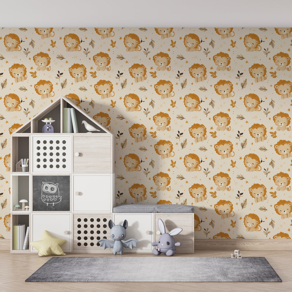 Safari lion wallpaper transforming children's bedroom with warm caramel tones and natural motifs