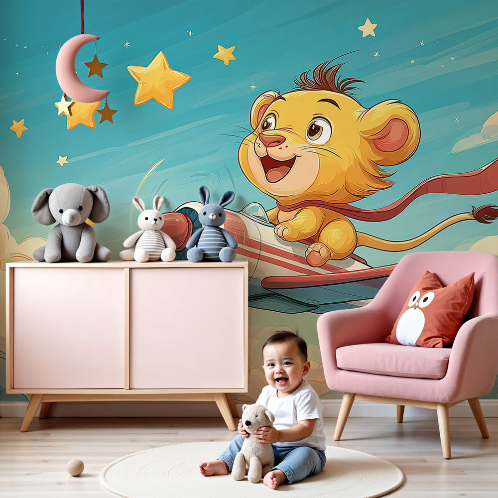 Lion aviator mural wallpaper in cozy nursery with wooden crib by Kids-Mundo