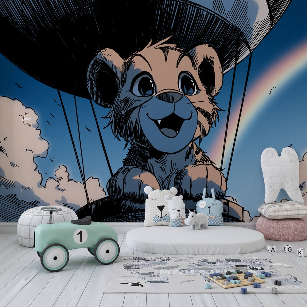 Rainbow adventure wallpaper featuring lion in balloon creating magical kids bedroom atmosphere
