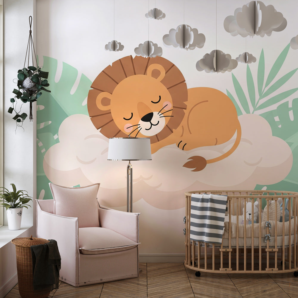 Tropical lion wallpaper creating peaceful safari atmosphere in children's bedroom