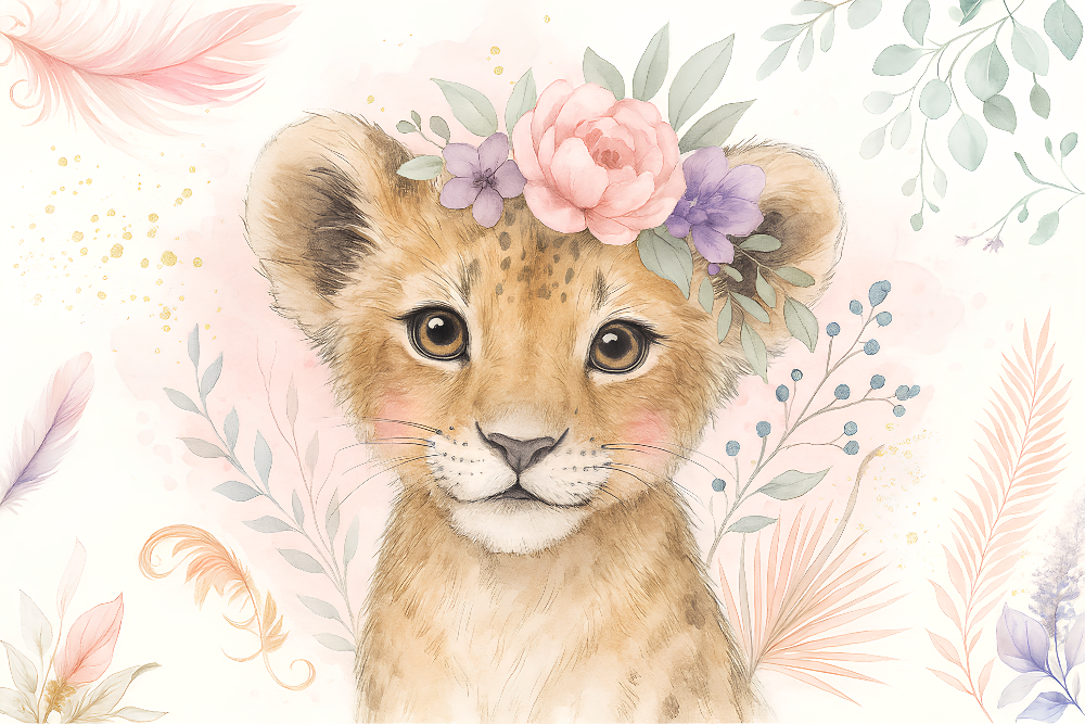 Baby Lion with Flower Crown Wall Mural