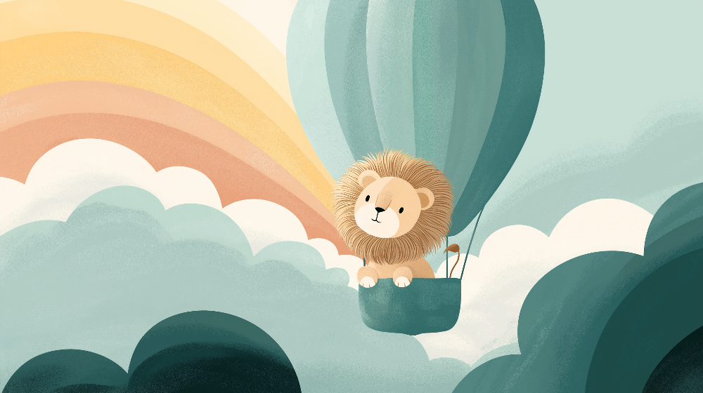 Kids-Mundo flat artwork preview of the lion cub hot air balloon and rainbow mural design