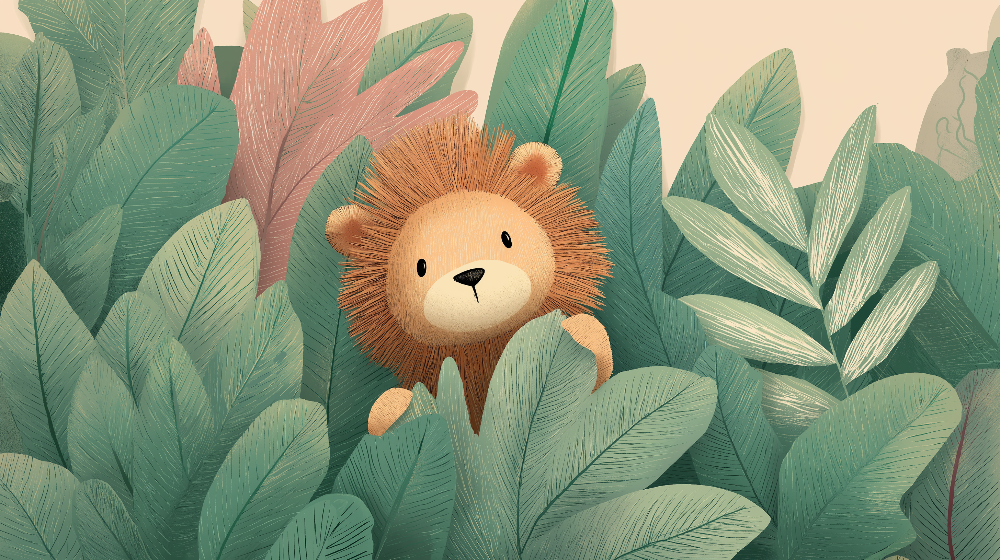 Curious Lion Cub Peeking Through Jungle Leaves Wall Mural