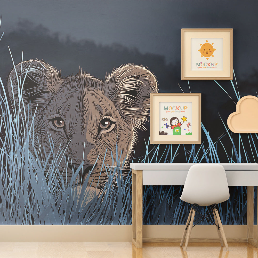 Safari animal wallpaper with lion cub design in peaceful blue tones for kids bedroom