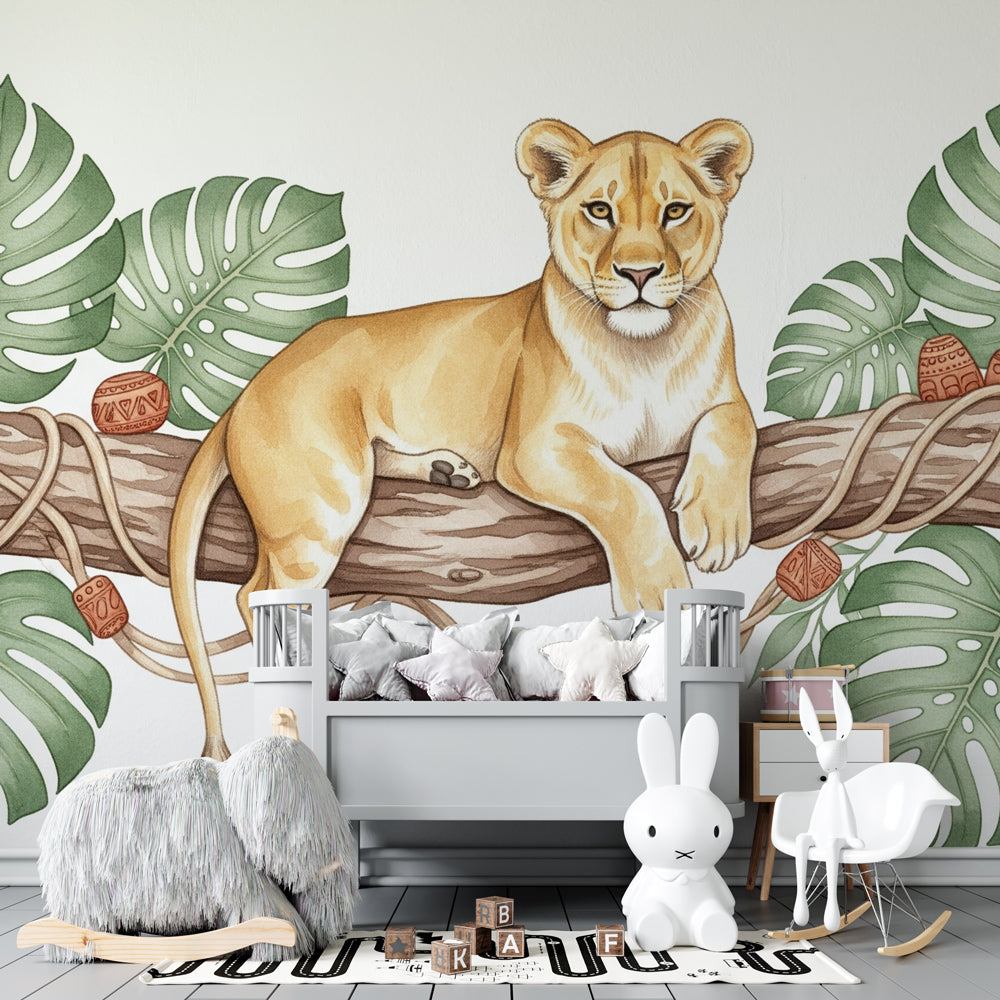 Peaceful lion cub safari wallpaper in modern kids bedroom interior design